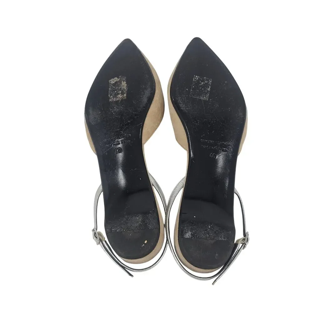Pierre Hardy Tan Suede Silver Leather Pointed Slingback Flat Mule Shoe 40 9.5